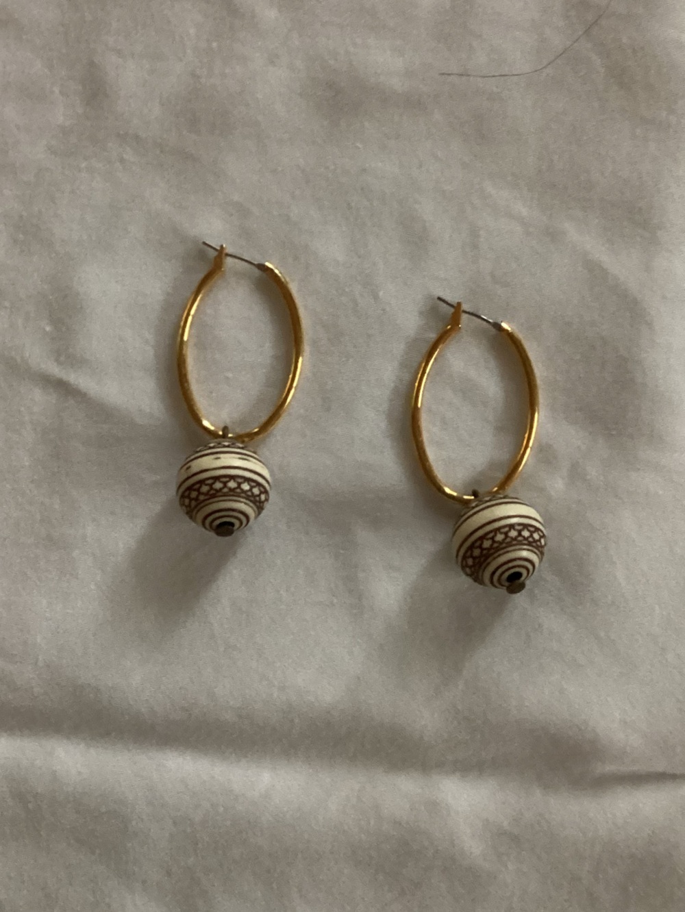Gold Hoop Earrings with Cream Bead Accents